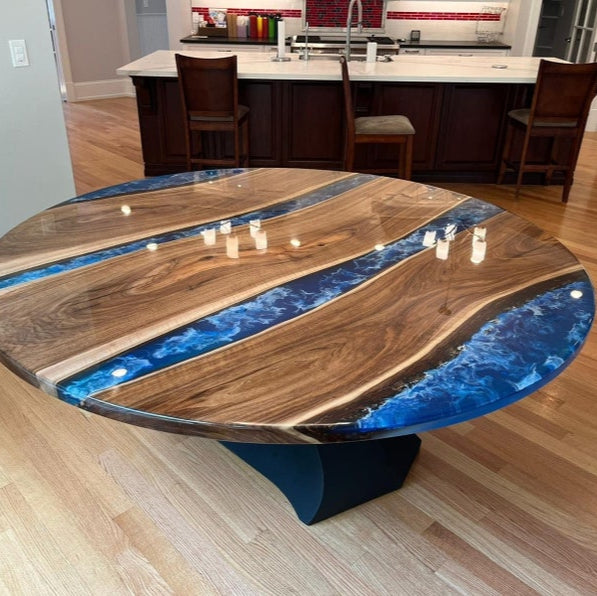 Round Epoxy River Table Burl Maple Wood & Custom Resin Unique Modern Accent or Dining Table