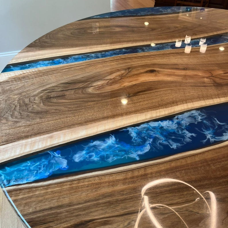 Round Epoxy River Table Burl Maple Wood & Custom Resin Unique Modern Accent or Dining Table