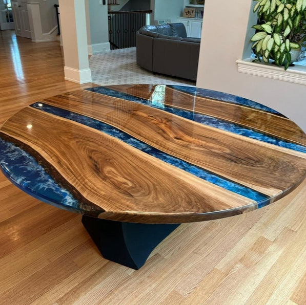 Round Epoxy River Table Burl Maple Wood & Custom Resin Unique Modern Accent or Dining Table