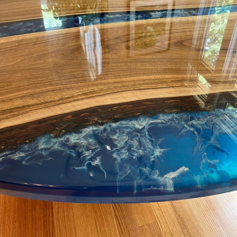 Round Epoxy River Table Burl Maple Wood & Custom Resin Unique Modern Accent or Dining Table