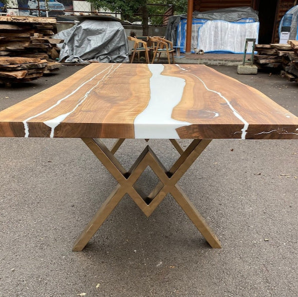 Natural Walnut & White Epoxy Live Edge Dining Table – Custom River Table in Multiple Sizes