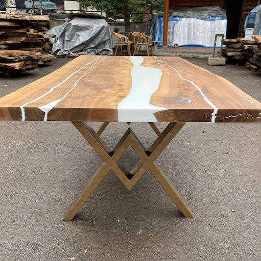 Natural Walnut & White Epoxy Live Edge Dining Table – Custom River Table in Multiple Sizes