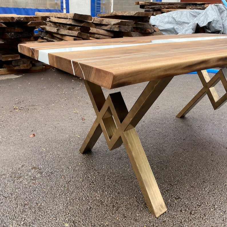Natural Walnut & White Epoxy Live Edge Dining Table – Custom River Table in Multiple Sizes