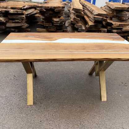 Natural Walnut & White Epoxy Live Edge Dining Table – Custom River Table in Multiple Sizes