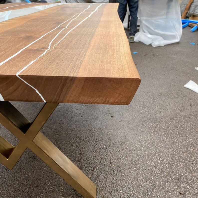 Natural Walnut & White Epoxy Live Edge Dining Table – Custom River Table in Multiple Sizes