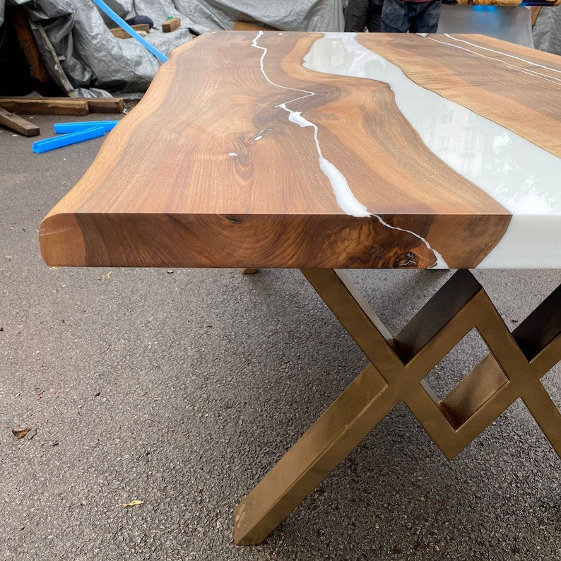 Natural Walnut & White Epoxy Live Edge Dining Table – Custom River Table in Multiple Sizes