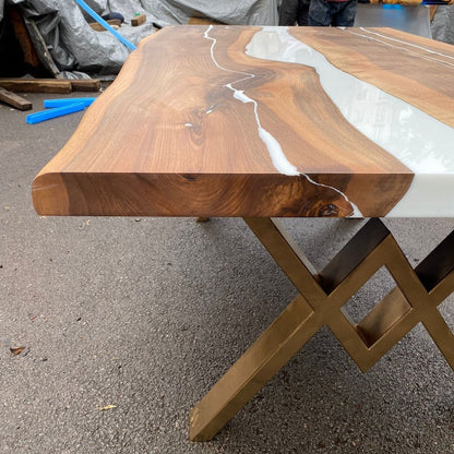 Natural Walnut & White Epoxy Live Edge Dining Table – Custom River Table in Multiple Sizes