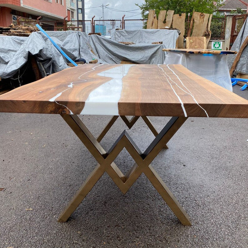 Natural Walnut & White Epoxy Live Edge Dining Table – Custom River Table in Multiple Sizes