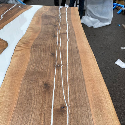 Natural Walnut & White Epoxy Live Edge Dining Table – Custom River Table in Multiple Sizes