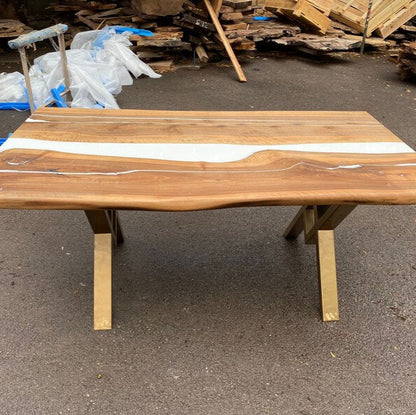 Natural Walnut & White Epoxy Live Edge Dining Table – Custom River Table in Multiple Sizes