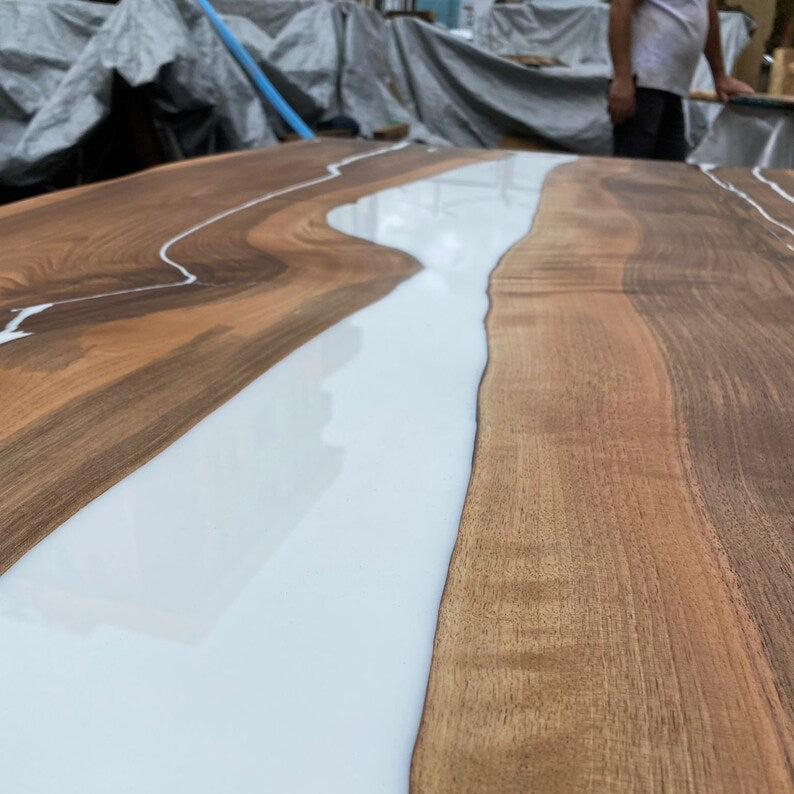 Natural Walnut & White Epoxy Live Edge Dining Table – Custom River Table in Multiple Sizes