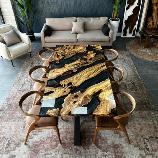 Olive Wood & Black Epoxy Resin Table – Live Edge Custom River Dining Table (Multiple Sizes)