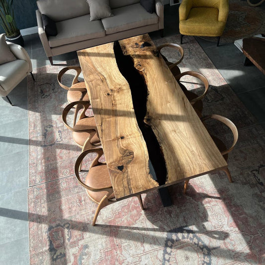 Walnut Wood & Black Epoxy Live Edge Dining Table – Custom River Table in Multiple Sizes