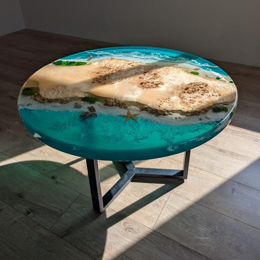 Ocean Wave Round Epoxy Resin Coffee Table – Live Edge Coastal-Inspired Design