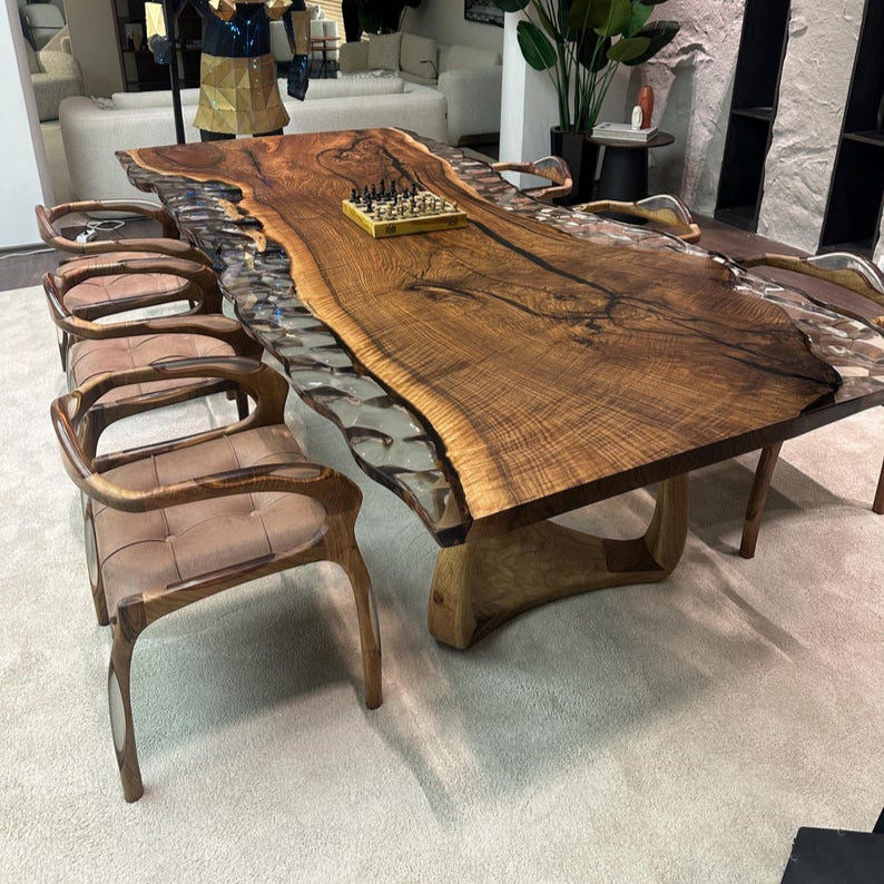 Walnut Wood & Clear Epoxy Live Edge Dining Table – Custom River Table in Multiple Sizes