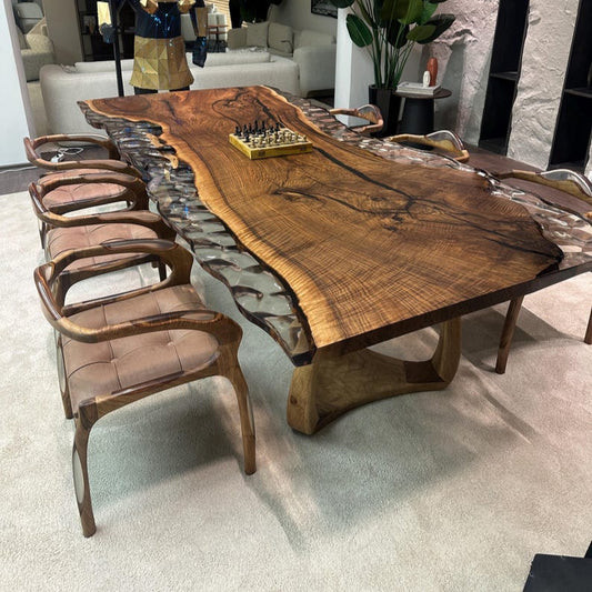 Walnut Wood & Clear Epoxy Live Edge Dining Table – Custom River Table in Multiple Sizes