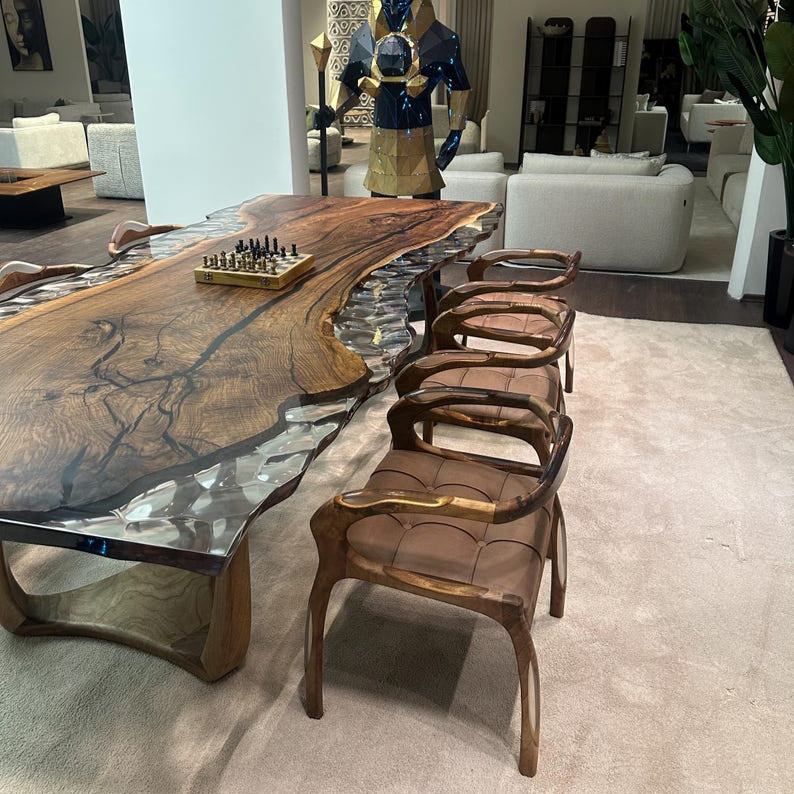 Walnut Wood & Clear Epoxy Live Edge Dining Table – Custom River Table in Multiple Sizes