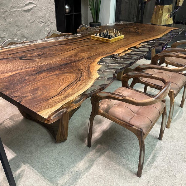 Walnut Wood & Clear Epoxy Live Edge Dining Table – Custom River Table in Multiple Sizes