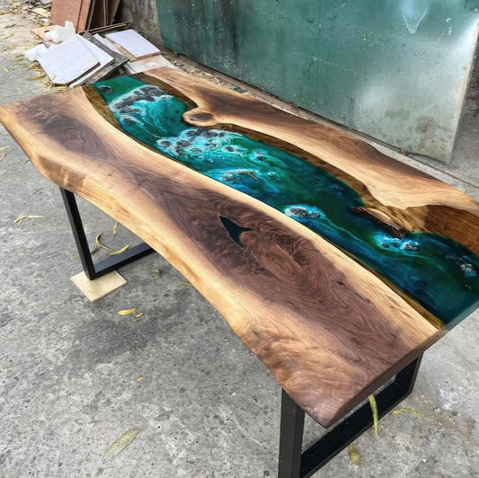 Ocean Wave Waterfall Epoxy Resin Table – Custom Live Edge River Table in Multiple Sizes