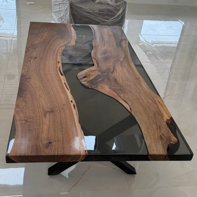 Walnut Wood & Smoke Epoxy Live Edge Dining Table – Custom River Table in Multiple Sizes