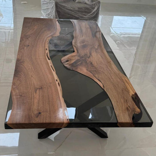Walnut Wood & Smoke Epoxy Live Edge Dining Table – Custom River Table in Multiple Sizes