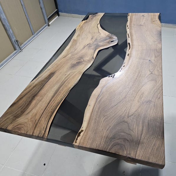 Walnut Wood & Smoke Epoxy Live Edge Dining Table – Custom River Table in Multiple Sizes