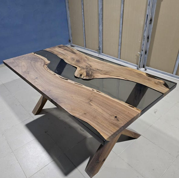 Walnut Wood & Smoke Epoxy Live Edge Dining Table – Custom River Table in Multiple Sizes