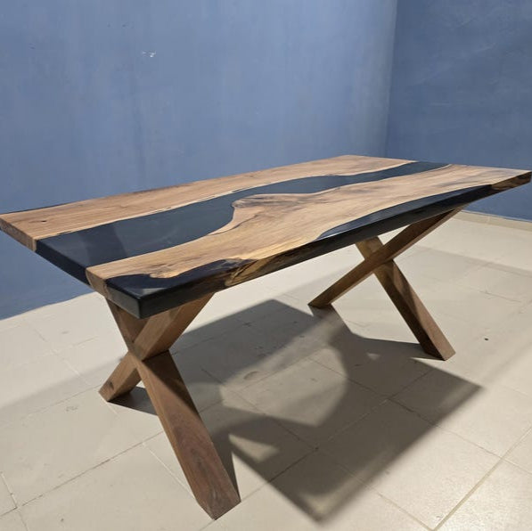 Walnut Wood & Smoke Epoxy Live Edge Dining Table – Custom River Table in Multiple Sizes