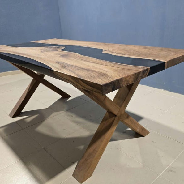 Walnut Wood & Smoke Epoxy Live Edge Dining Table – Custom River Table in Multiple Sizes
