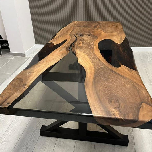 Walnut Wood & Smokey Gray Epoxy Live Edge Dining Table – Custom River Table in Multiple Sizes