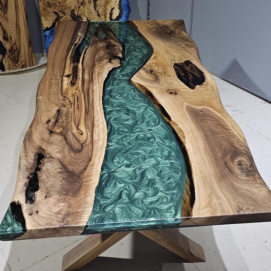 Walnut Wood & Green Epoxy Live Edge Dining Table – Handmade River Table
