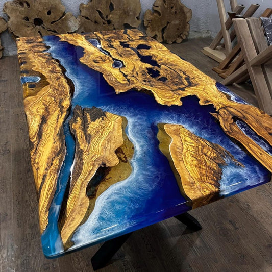 Olive Wood & Cobalt Blue Ice Epoxy Live Edge Dining Table – Custom River Table in Multiple Sizes