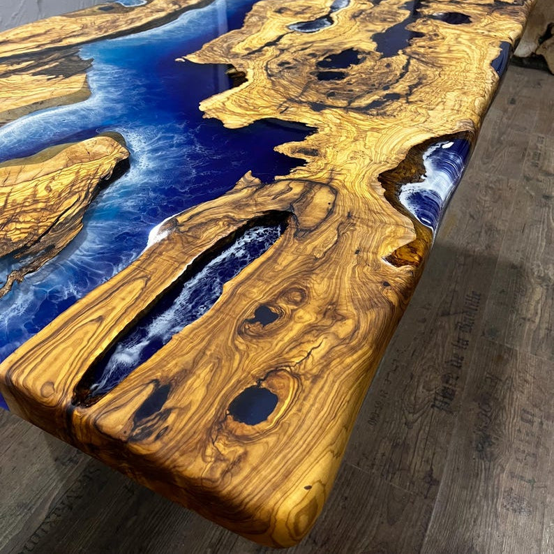 Olive Wood & Cobalt Blue Ice Epoxy Live Edge Dining Table – Custom River Table in Multiple Sizes