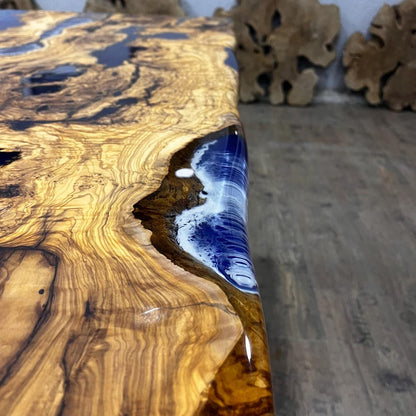 Olive Wood & Cobalt Blue Ice Epoxy Live Edge Dining Table – Custom River Table in Multiple Sizes