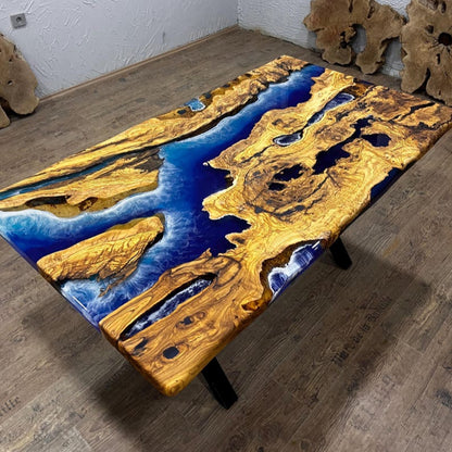 Olive Wood & Cobalt Blue Ice Epoxy Live Edge Dining Table – Custom River Table in Multiple Sizes