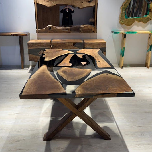Walnut Wood & Black Epoxy Live Edge Dining Table – Handmade River Table (Multiple Sizes)