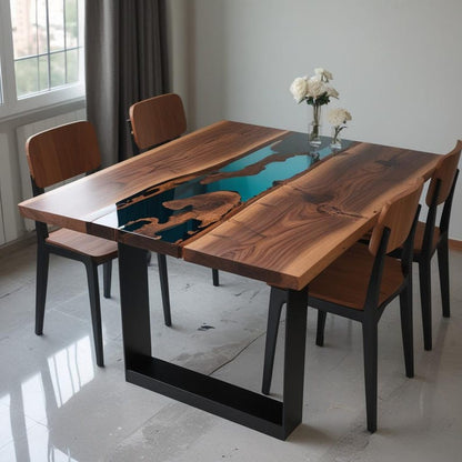 Walnut Wood & Blue Epoxy Live Edge Dining Table – Handmade River Table (Multiple Sizes)