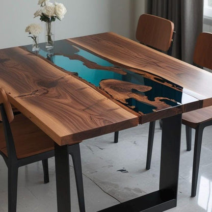 Walnut Wood & Blue Epoxy Live Edge Dining Table – Handmade River Table (Multiple Sizes)