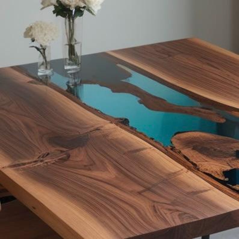 Walnut Wood & Blue Epoxy Live Edge Dining Table – Handmade River Table (Multiple Sizes)