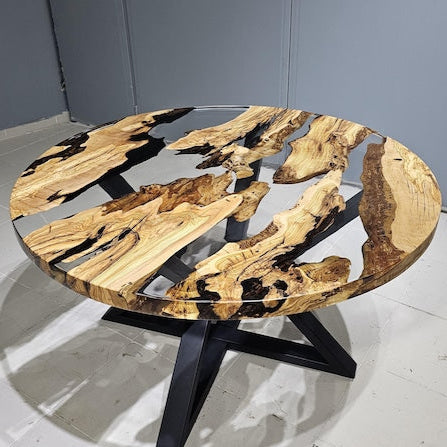 Olive Wood & Clear Epoxy Round Dining Table – Handmade Live Edge River Table (Multiple Sizes)
