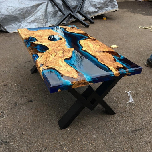 Walnut Wood & Blue Epoxy Live Edge Dining Table – Handmade River Table (Multiple Sizes)