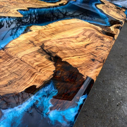 Walnut Wood & Blue Epoxy Live Edge Dining Table – Handmade River Table (Multiple Sizes)