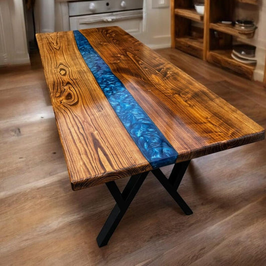 Live Edge Walnut Wood & Blue Epoxy Dining Table – Handmade River Table