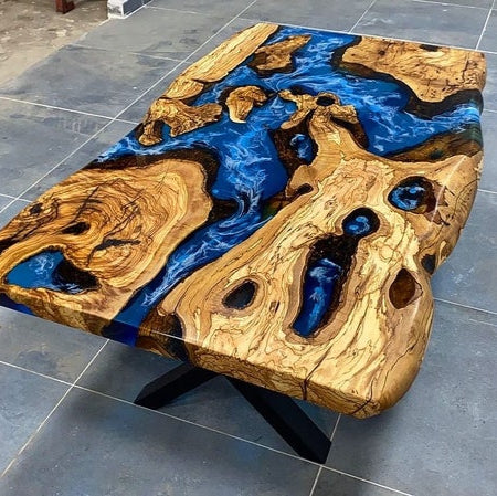 Live Edge Olive Wood & Sea Blue Epoxy Resin Table – Handcrafted River Design for Dining, Kitchen, or Bar Areas