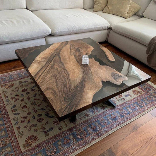 Modern Square Epoxy Table – Dark Smoke Gray Resin & Walnut Wood | Custom River Design Coffee or Side Table