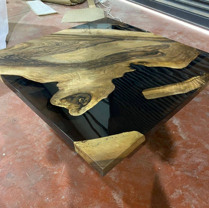 Modern Square Epoxy Table – Dark Smoke Gray Resin & Walnut Wood | Custom River Design Coffee or Side Table