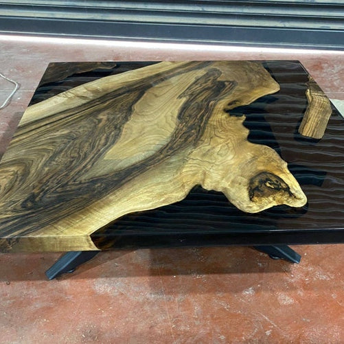 Modern Square Epoxy Table – Dark Smoke Gray Resin & Walnut Wood | Custom River Design Coffee or Side Table