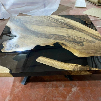Modern Square Epoxy Table – Dark Smoke Gray Resin & Walnut Wood | Custom River Design Coffee or Side Table