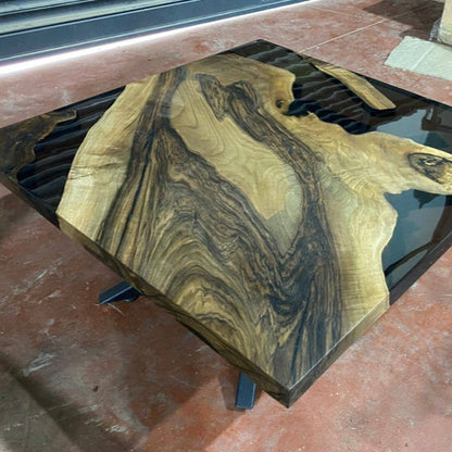 Modern Square Epoxy Table – Dark Smoke Gray Resin & Walnut Wood | Custom River Design Coffee or Side Table