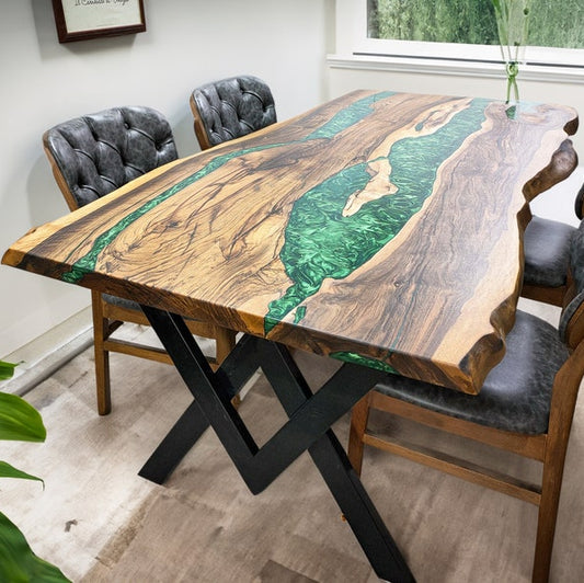 Walnut Epoxy Dining Table Live Edge Wood with Clear or Tinted River | Modern Handmade Statement Table